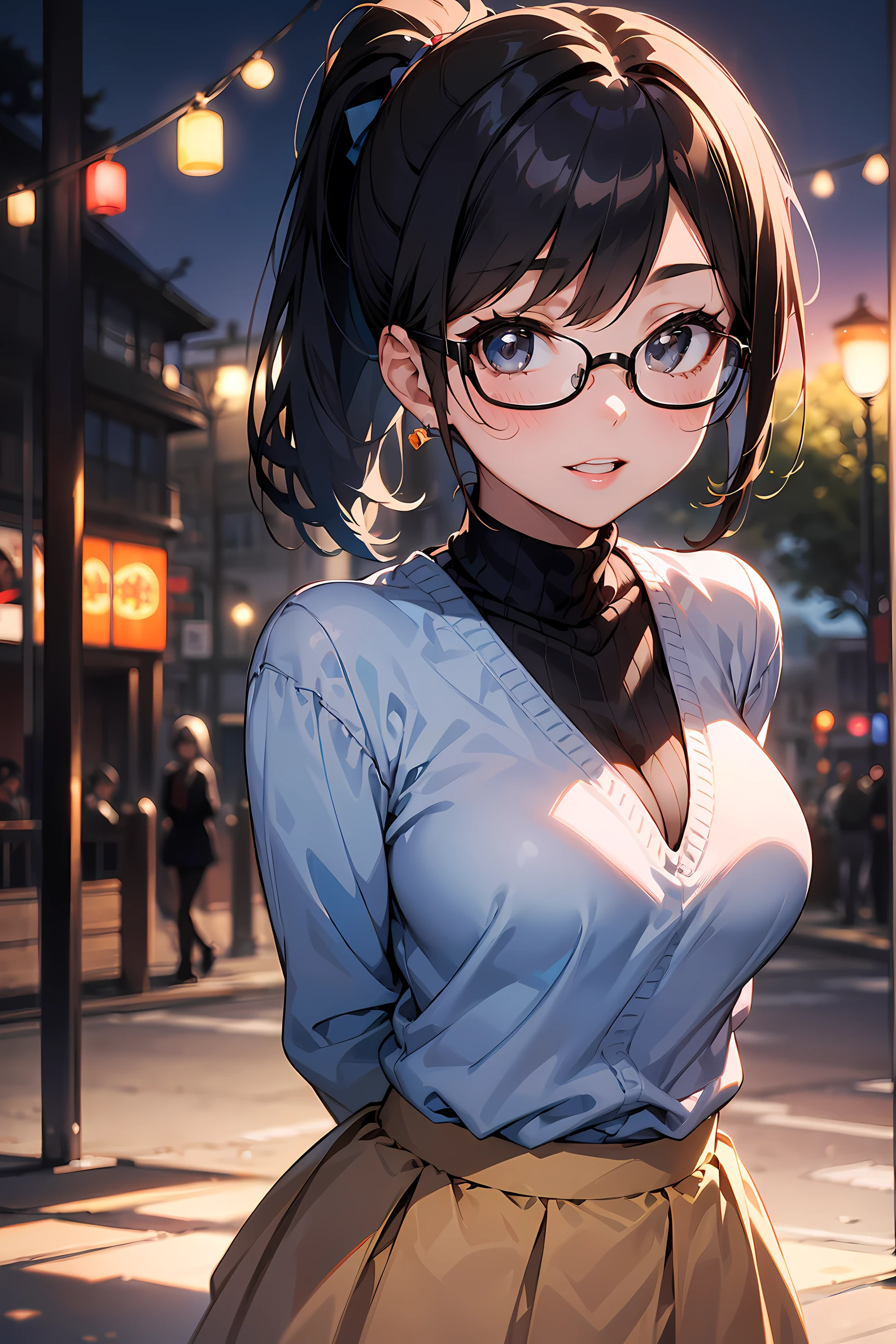 high resolution, Photo of a beautiful woman detailed_face, young handsome girl,realistic:0.5, perfect skin, (wearing a glasses:1.5), (ultra-detailed background, detailed background), bokeh, make happy expressions, happy emotion, gorgeous,pure, beautyfull detailed face and eyes,breasts, (black eyes:1.1), (Audrey Hepburn:1.3), (a extremely pretty and beautiful Japanese woman), (sexy girl), (professional attire:1.3), (22 years old: 1.1), BREAK, (blue high-neck sweater:1.2, long sleeve:1.2), (beige Pleated skirt:1.2), (leather boots))), cleavage, beautiful detailed skin, (cute:1.2), (blonde hair), ((jpop idol)), (upper thigh:0.6), (depth of field),soft light, Lens Glow looking at viewer, (Drooping eyes:1.2), straight teeth,smile, floating hair, (blond hair:1.2), brown eyes BREAK movie scene, cinematic, full colors, 4k, 8k, 16k, RAW photo, masterpiece, professionally color graded, professional photography, high school girl, hair up, , soft clean focus, realistic lighting and shading, (an extremely delicate and beautiful art)1.3, elegant,active angle,dynamism pose BREAK (ponytail:1.3), (shiny-black thin hair:1.2), bangs, dark brown eyes, beautiful eyes, princess eyes, (big eyes:1.3), bangs, wearing a glasses:1.3, Hair between eyes, short hair:1.3, (slender:1.1), (medium-breasts:0.95), (thin waist: 1.15), (detailed beautiful girl: 1.4), Parted lips, Red lips, full-make-up face, (shiny skin), ((Perfect Female Body)), (upper body image:1.3), Perfect Anatomy, Perfect Proportions, (most beautiful Korean actress face:1.3, extremely cute and beautiful Japanese actress face:1.3), ,(1glasses girl:1.3, solo), ,(blush:1.1), gray background, solo focus, (bust shot:1.2), cinematic light, (nostalgic night scene:1.4), (aquariums:1.4), the vibrant glow of neon lights, retro-styled carnival rides, (arms behind back :1.4), (looking at viewer:1.2