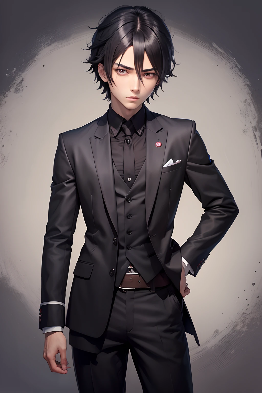 Chico anime con cabello negro y ojos rojos vistiendo un traje negro., cuerpo  completo, Akane Owari Danganronpa, Retrato Gapmoe Yandere Grimdark,  hijikata toushirou - SeaArt AI