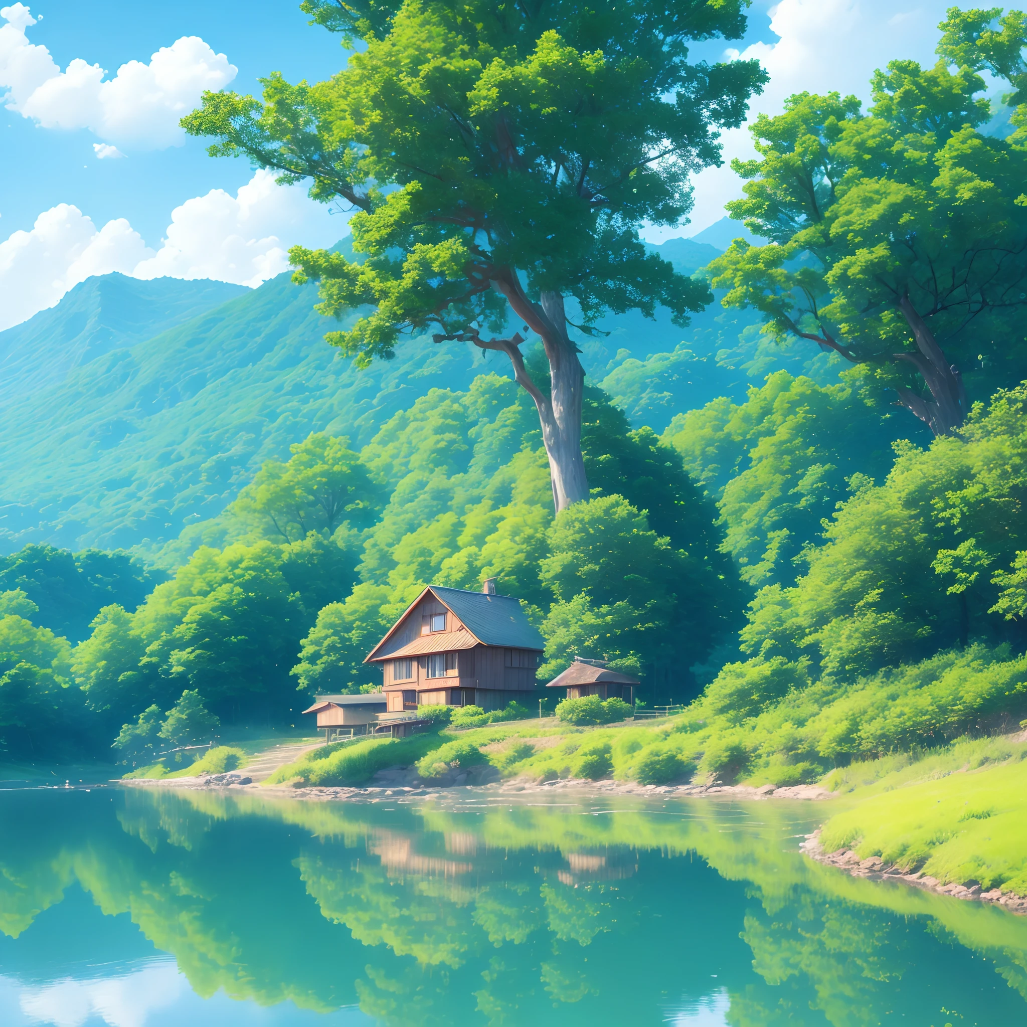 （Estilo Studio Ghibli 1.3）（Tom de cor do estúdio Ghibli 1.3）A ，À beira do lago na floresta，Pequenos esquilos estão ao seu lado，mar de flores，fazendo piquenique，Há muitas frutas，extrema luz e sombra，perseguição aurora，Luz ambiente extrema，O reflexo definitivo do lago，curar，Sol brilhante，（com céu azul e nuvens brancas）（e suas delicadas características faciais1.3）（e seus olhos delicados1.3）（Fotografia ultra grande angular1.2）obra-prima，premiado，（Estilo Expresso da Casa da Bruxa de Hayao Miyazaki 1.3）nas nuvens，Céu celeste，（Grande laço vermelho na cabeça 1.2）（Carregue uma mochila fofa de urso branco 1 transversalmente.2）（Um sorriso do coração）（Um sorriso esperançoso）（Vestido sonhador）8K（proporção corporal perfeita:1.3）