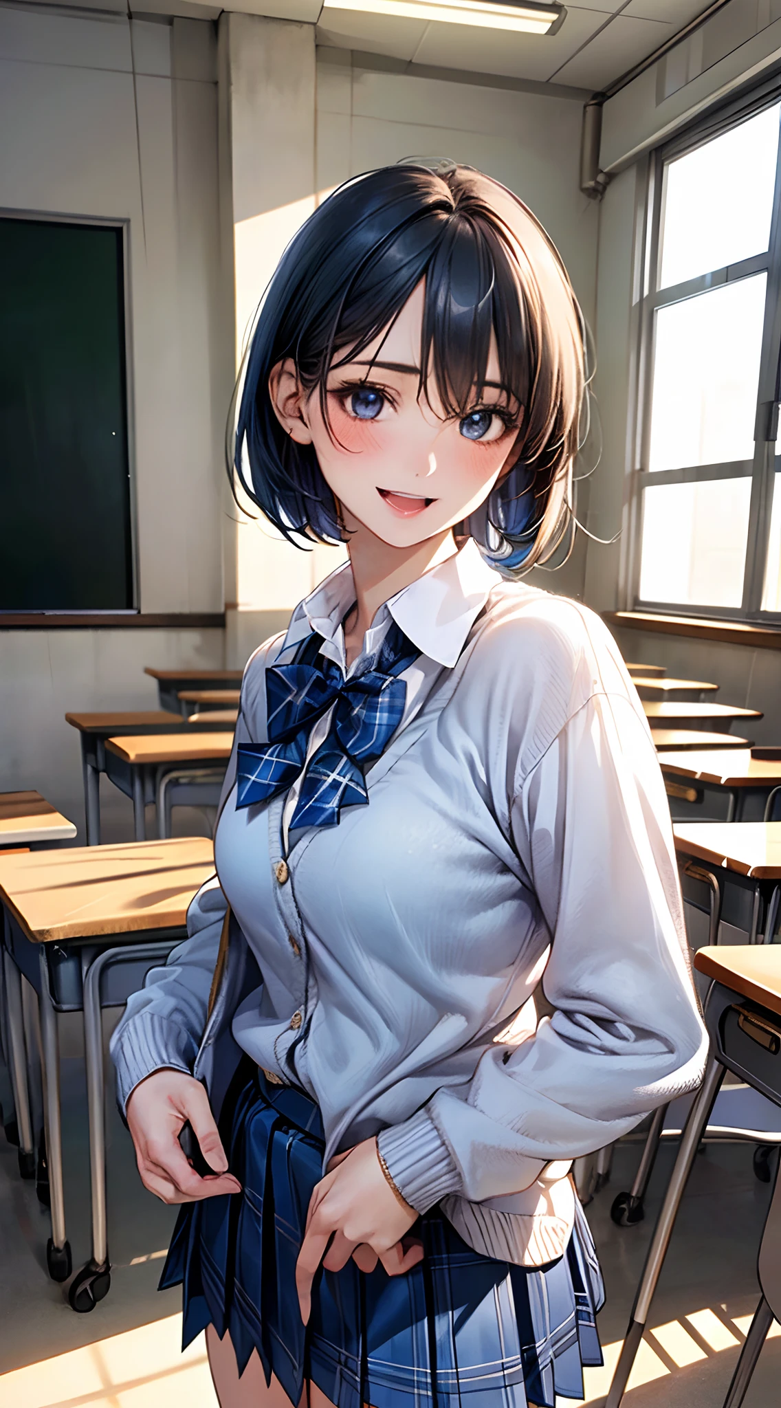 (masterpiece:1.2, top-quality), (realistic, photorealistic:1.4), beautiful illustration, 
looking at viewer, cowboy shot, front view:0.8, 
1 girl, japanese, high school girl, blue hair, (short hair:1.4), bob cut, bangs, hair between eye, blue eyes, large breasts:1.0, 
beautiful hair, beautiful face, beautiful detailed eyes, beautiful clavicle, beautiful body, beautiful chest, beautiful thigh, beautiful legs, beautiful fingers, 
(beautiful scenery), dawn, classroom, desks, chairs, curtains, 
((collared shirt, white shirt, , light blown cardigan, blue plaid pleated skirt, blue plaid bow tie)), white panties, 
standing, walking, 
smile, open mouth, hands on hips,