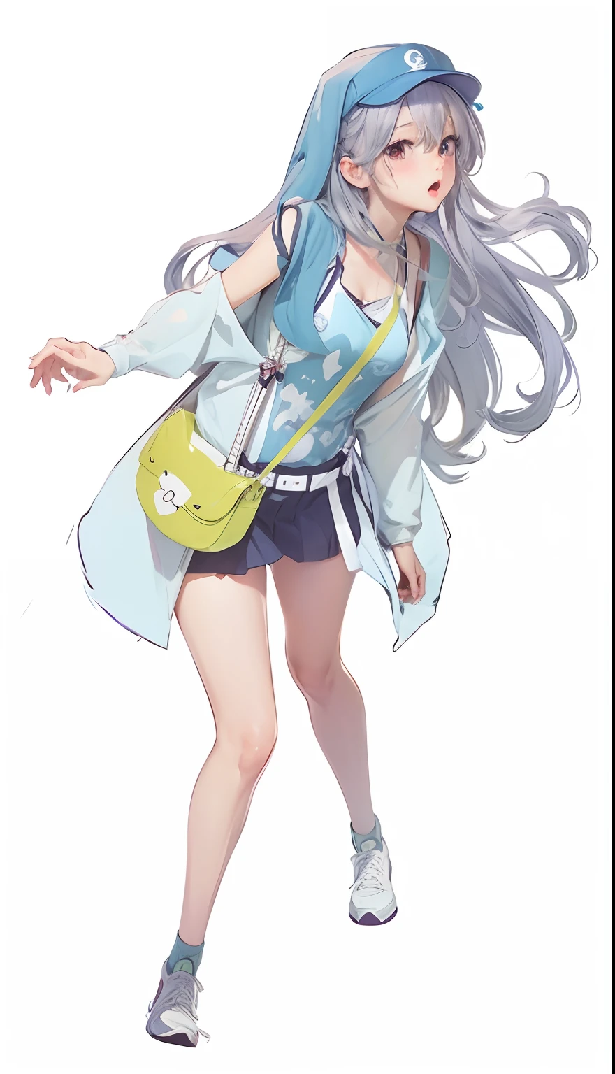 Anime girl with blue hair and a blue hat and a green purse - SeaArt AI