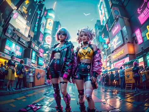 ((2 cyberpunk girls wearing colorful Harajuku style pop outfit)), ((((fisheye lens)))), cowboy shot, wind, messy hair, ((cyberpu...