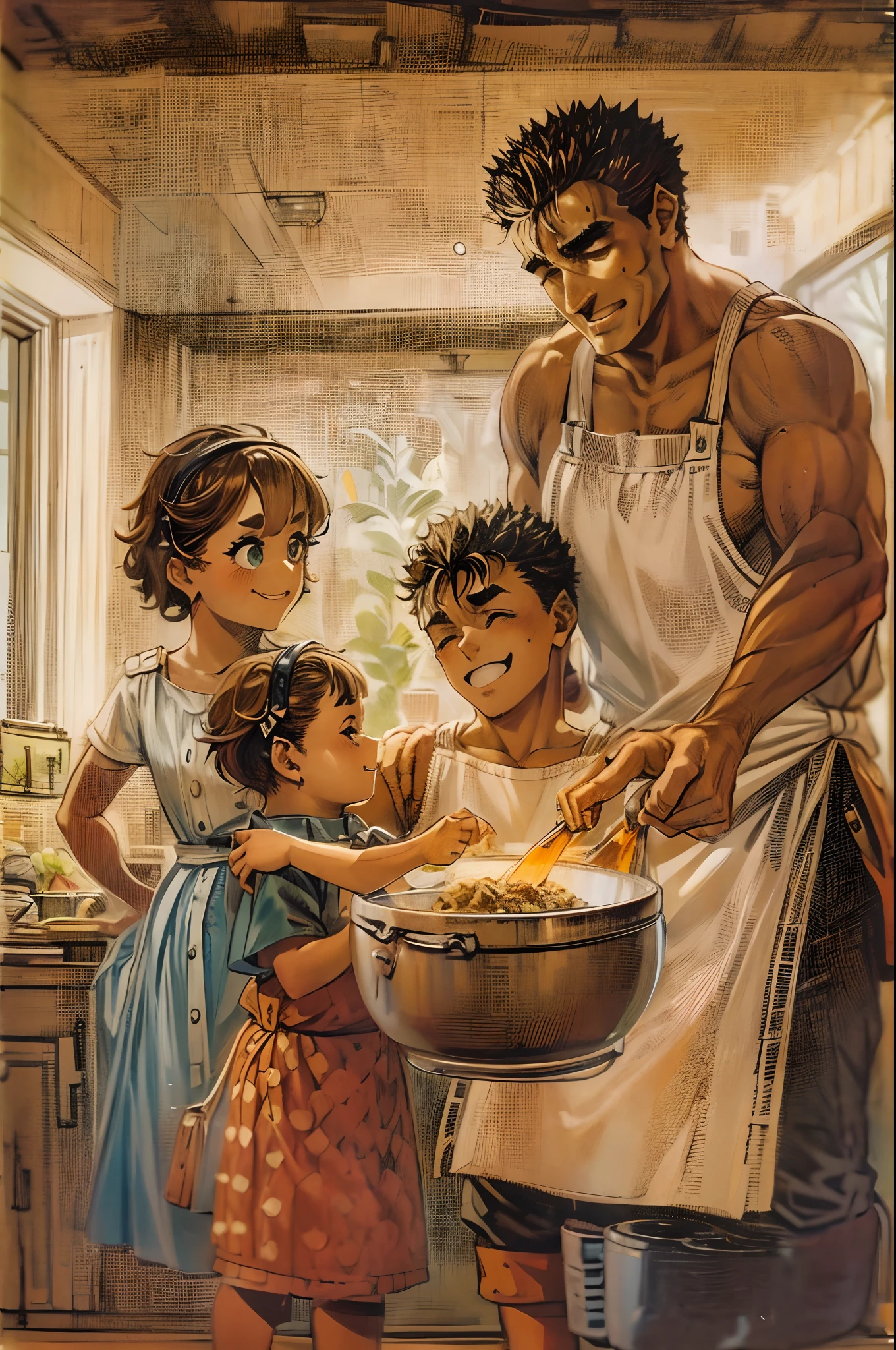 suletta, guts, couple, husband and wife, suletta motherly, house wife, cooking, mother and son, children , family, happy