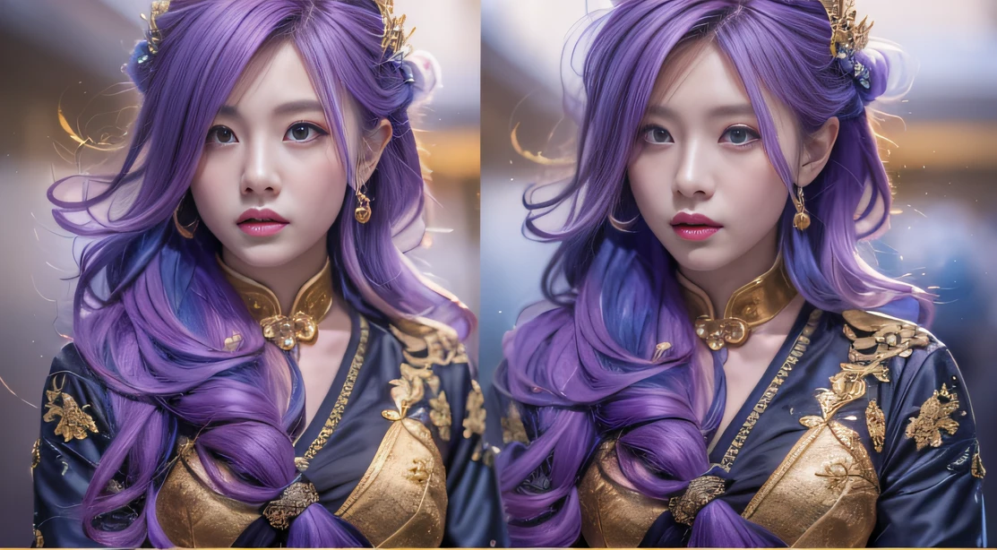 32K（tmasterpiece，k hd，hyper HD，32K）Long flowing bright purple hair，Autumn Pond，zydink， a color， Asian people （Playful girl）， （Silk scarf）， Combat posture， looking at the ground， long whitr hair， Floating bright purple， Fire cloud pattern gold tiara， Chinese long-sleeved gold silk garment， （abstract ink splash：1.2）， smoky background，Lotus protector（realisticlying：1.4），Bright purple hair，Smoke on the road，The background is pure， A high resolution， the detail， RAW photogr， Sharp Re， Nikon D850 Film Stock Photo by Jefferies Lee 4 Kodak Portra 400 Camera F1.6 shots, Rich colors, ultra-realistic vivid textures, Dramatic lighting, Unreal Engine Art Station Trend, cinestir 800，Long flowing bright purple hair