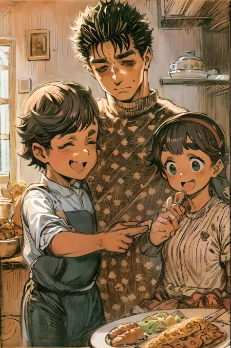 suletta, guts, couple, husband and wife, suletta motherly, house wife, mother and son, children , family, happy, breakfeasting