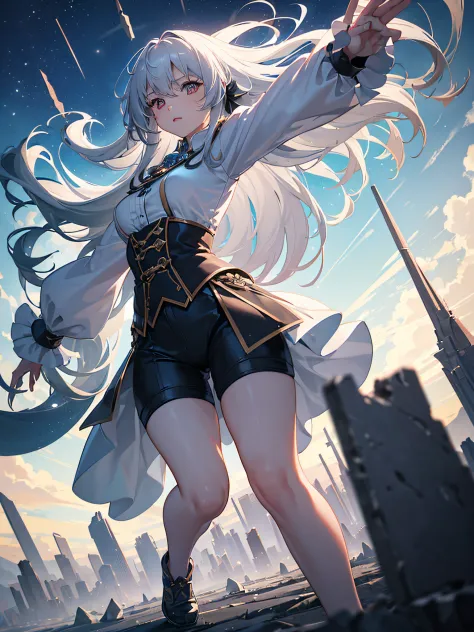 girl with long hair flying upwards, punching the ground, destroying the ground and creating stone chips in the air, white hair with red highlights, silver eyes, semi-transparent and short shirt, short shorts modeling her parts, full body, (ultra- realistic...