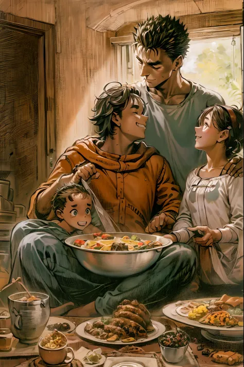 suletta, guts, couple, husband and wife, suletta motherly, house wife, mother and son, children , family, happy, breakfeasting