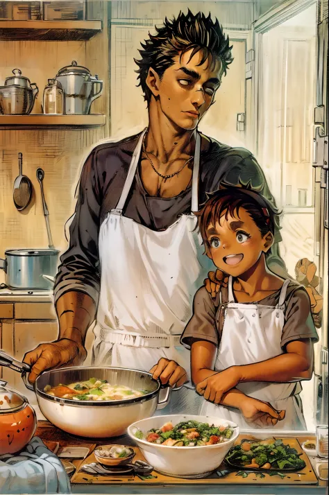 suletta, guts, couple, husband and wife, suletta motherly, house wife, cooking, mother and son, children , family, happy