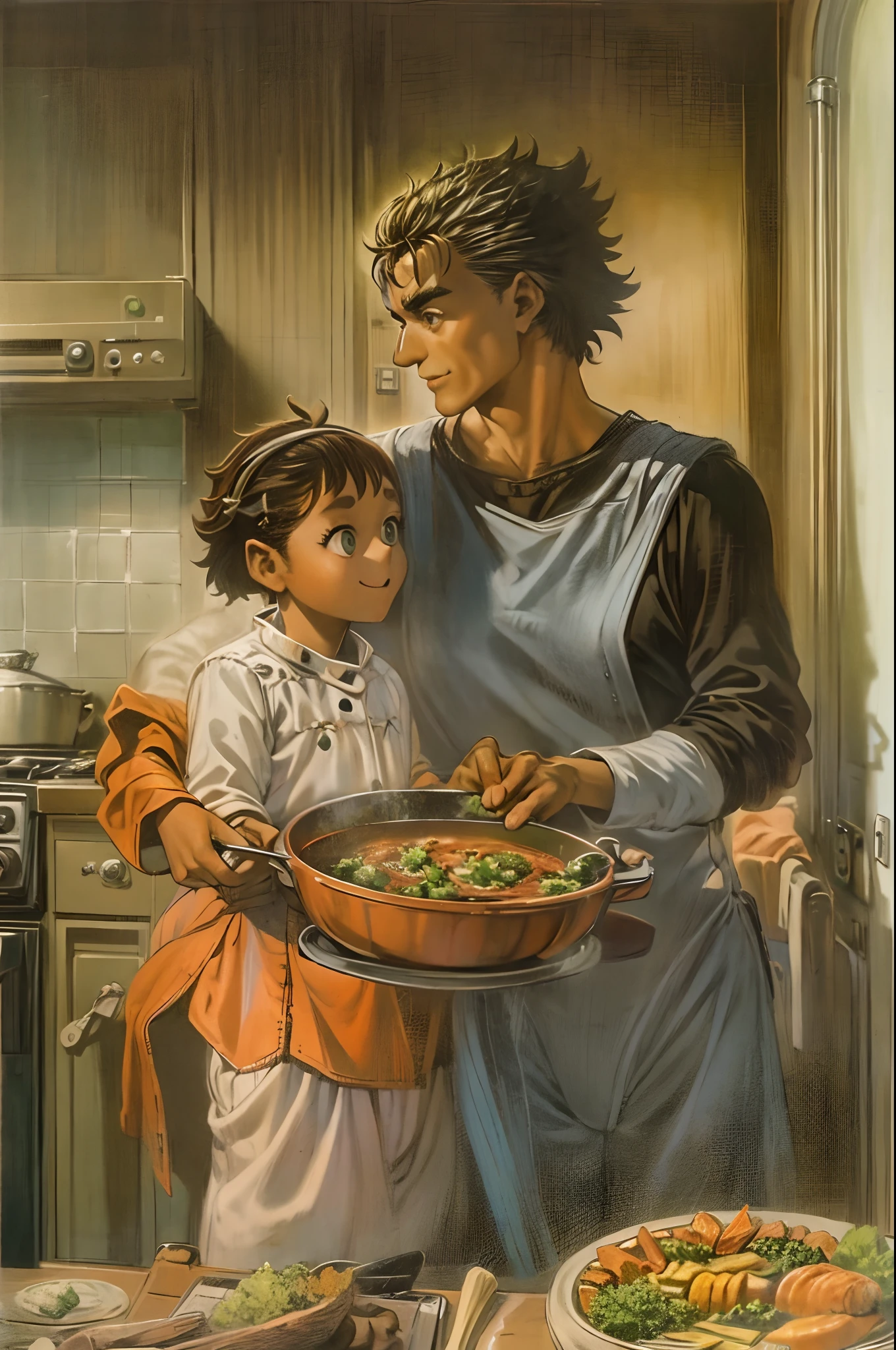 suletta, guts, couple, husband and wife, suletta motherly, house wife, cooking, mother and son, children , family, happy