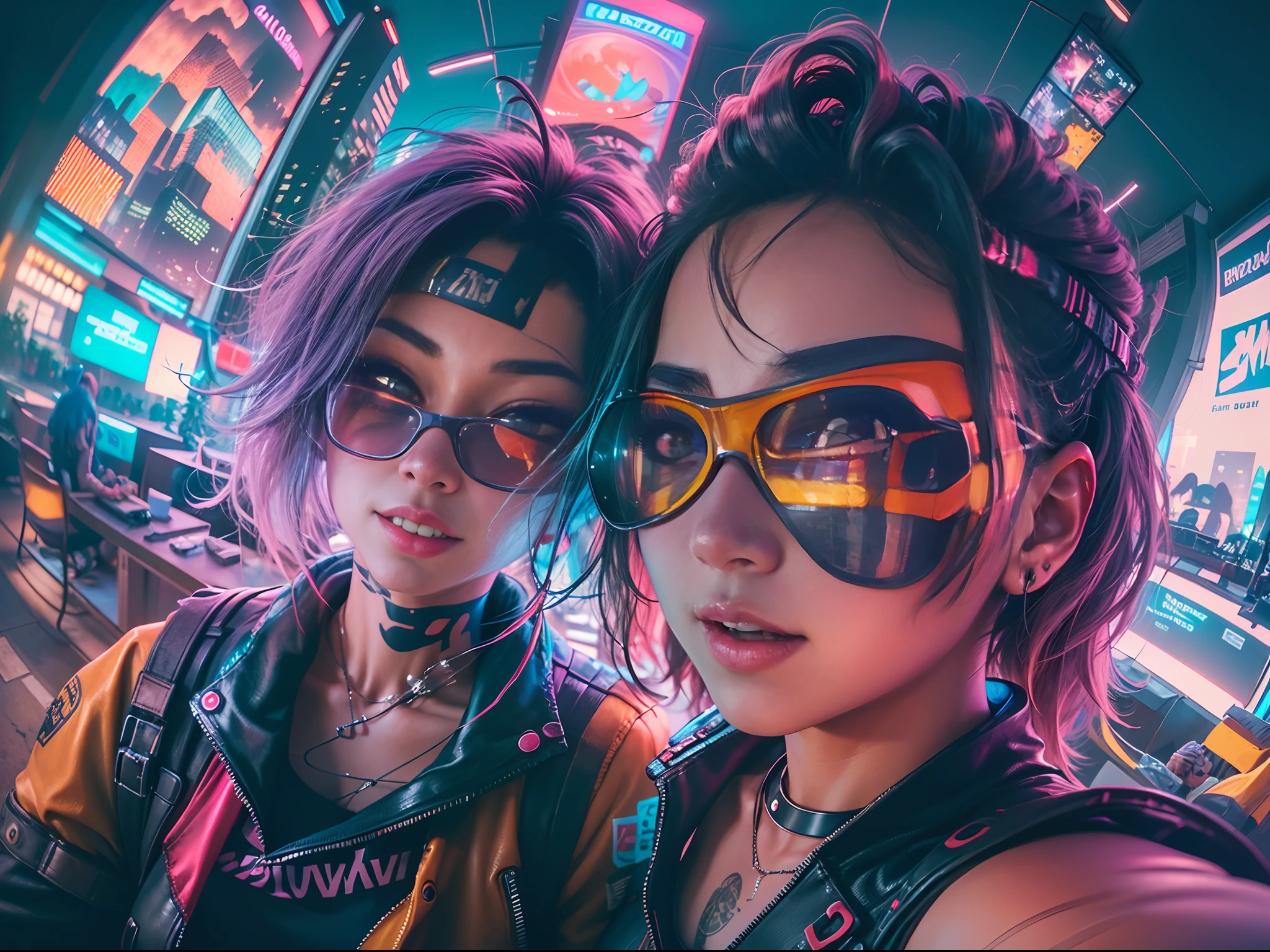 ((2 chicas cyberpunk vistiendo un colorido traje pop estilo Harajuku)), ((((lentes de ojo de pez)))), tiro de vaquero, viento, pelo despeinado, ((paisaje urbano ciberpunk 2077)), (Estética y atmósfera cyberpunk:1.3), colores brillantes, sonriente, ((iluminación cinematográfica))