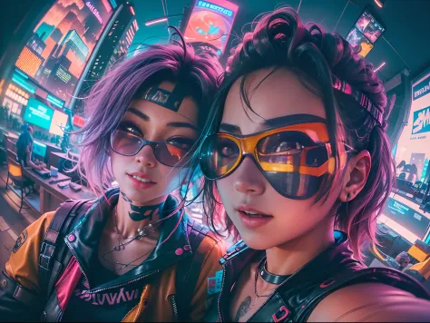 ((2 cyberpunk girls wearing colorful Harajuku style pop outfit)), ((((fisheye lens)))), cowboy shot, wind, messy hair, ((cyberpu...
