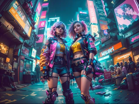 ((2 cyberpunk girls wearing colorful Harajuku style pop outfit)), ((((fisheye lens)))), cowboy shot, wind, messy hair, ((cyberpu...