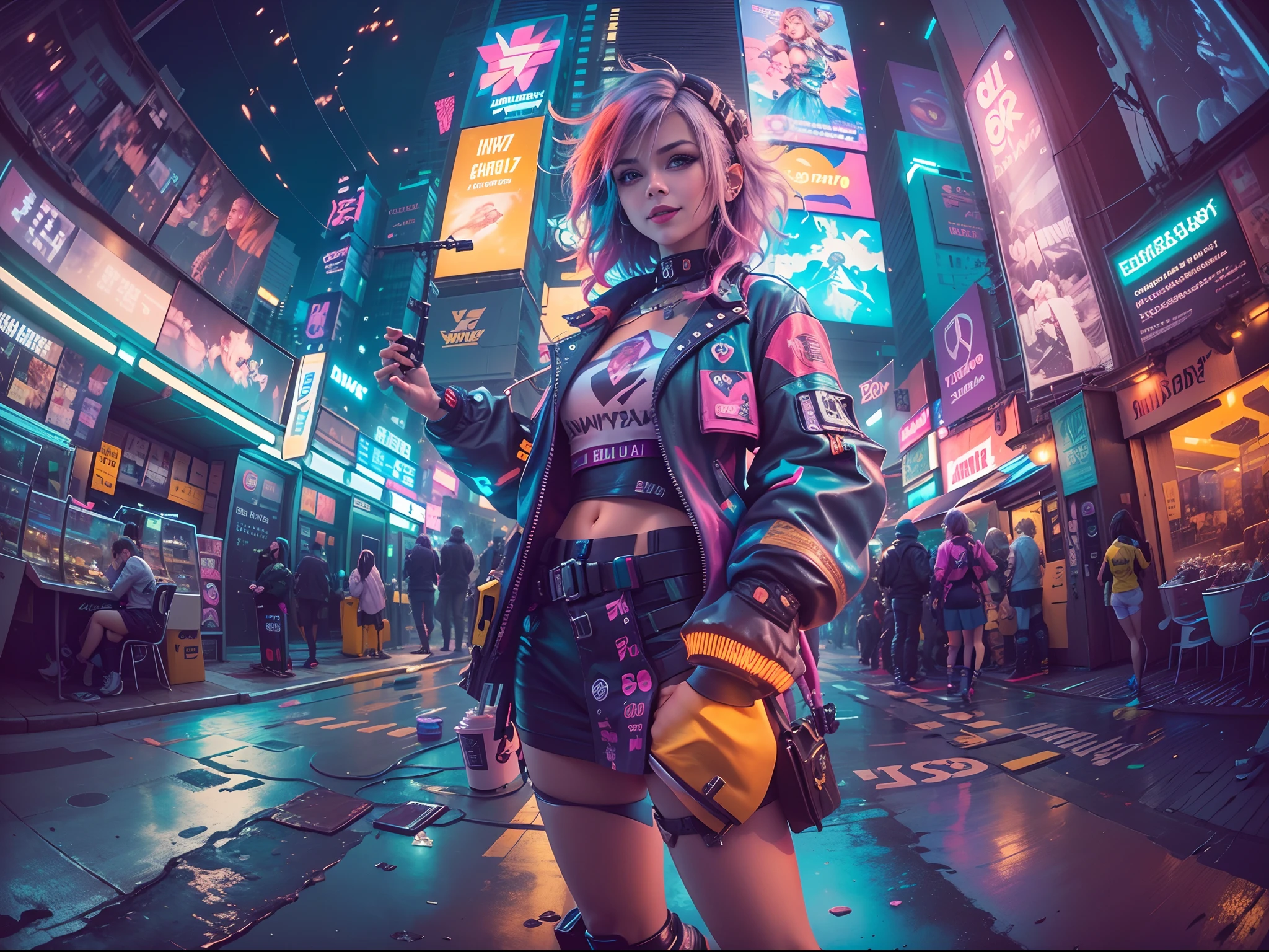 ((2 filles cyberpunk portant une tenue pop colorée de style Harajuku)), ((((Lentille de fisheye)))), tir de cow-boy, Vent, Les cheveux en désordre, ((Paysage urbain Cyberpunk 2077)), (esthétique et atmosphère cyberpunk:1.3), couleurs vives, souriant, ((Éclairage cinématographique))