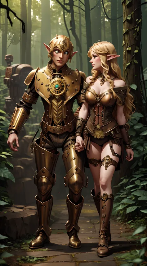 A clockwork golem, brass, cogs! An elven maiden and a steampunk golem, hands almost touching amidst a rose-filled forest with ge...