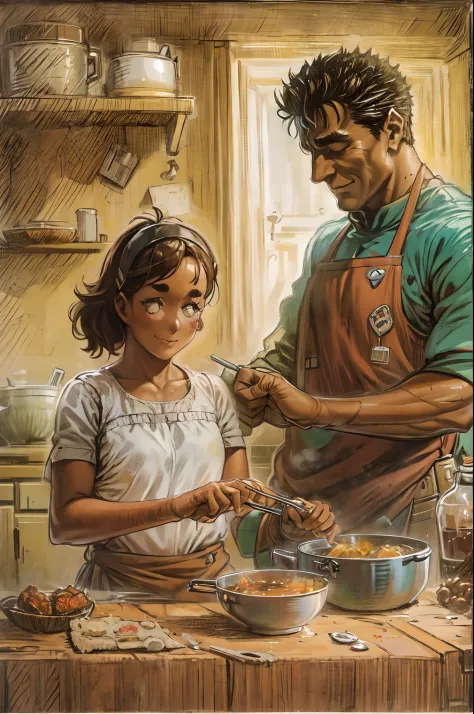 suletta, guts, couple, husband and wife, suletta motherly, house wife, cooking, mother and son, children , family, happy