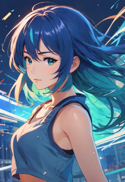 half body portrait of a beautiful woman in a croptop and cargo pants with ombre navy blue teal hairstyle with head in motion and hair flying, paint splashes, splatter, outrun, vaporware, shaded flat illustration, digital art, trending on artstation, highly...