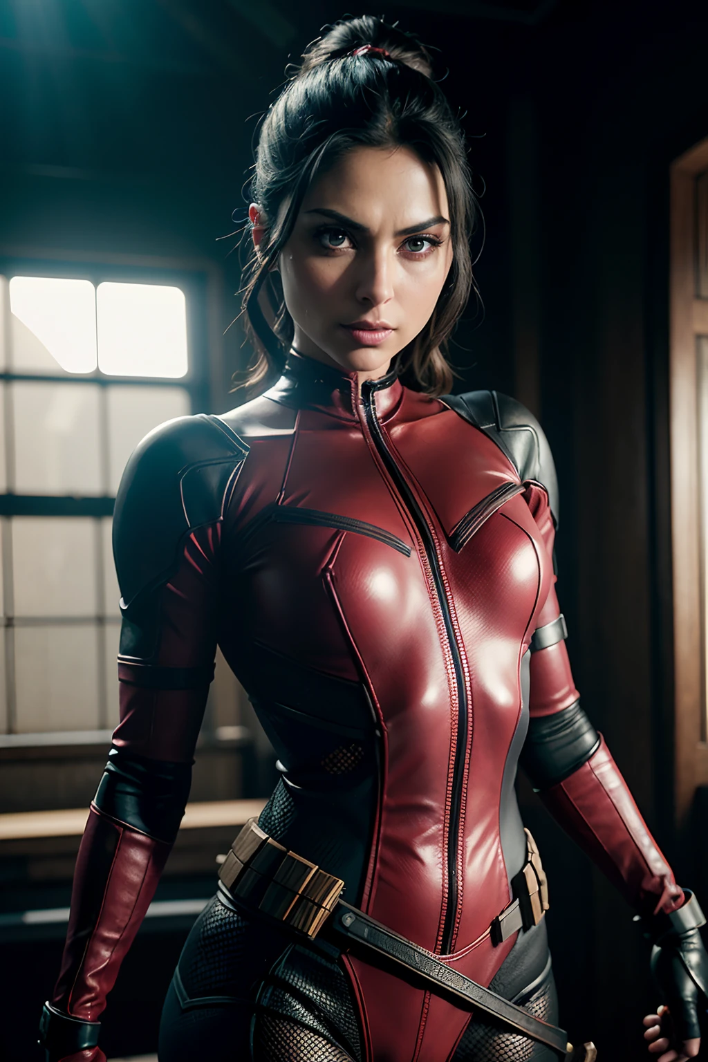 Morena Baccarin as Deadpool, in sexy Deadpool armor, armed with Katana blades, (dynamic pose), (hyper realistic:1.4), (realistic:1.3), (best quality real texture skin), full body, (Cinematic Light), highly detailed skin, skin pores, (highly detailed face:1.1), (highly detailed eyes:1.1), realistic pupils, (perfect anatomy:1.1), (perfect proportions:1.1), (photography:1.1), (photorealistic:1.1), volumetric lighting, dynamic lighting, real shadows, (highres:1.1), sharp focus, daylight, (realistic, hyperrealistic:1.4), intricate, high detail, dramatic, subsurface scattering, big depth of field, vivid, polished, sharpened, ((full Sharp)), (extremely absurdres),8k hdr