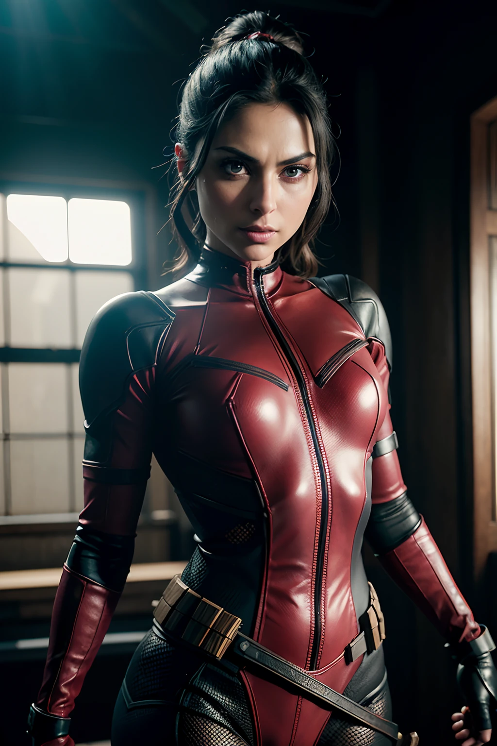 Morena Baccarin als Deadpool, in sexy Deadpool-Rüstung, bewaffnet mit Katana-Klingen, (dynamische pose), (hyper Realistisch:1.4), (Realistisch:1.3), (beste Qualität, echte Texturhaut), Ganzkörper, (filmisches Licht), hochdetaillierte Haut, Hautporen, (Sehr detailliertes Gesicht:1.1), (sehr detaillierte Augen:1.1), Realistisch pupils, (perfekte Anatomie:1.1), (perfekte Proportionen:1.1), (Fotografie:1.1), (photoRealistisch:1.1), volumetrische Beleuchtung, dynamische Beleuchtung, echte Schatten, (highres:1.1), scharfer Fokus, Tageslicht, (Realistisch, hyperRealistisch:1.4), kompliziert, hohe Detailgenauigkeit, dramatisch, Untergrundstreuung, große Tiefenschärfe, lebendig, poliert, geschärft, ((volles Scharf)), (extrem absurd),8k hdr