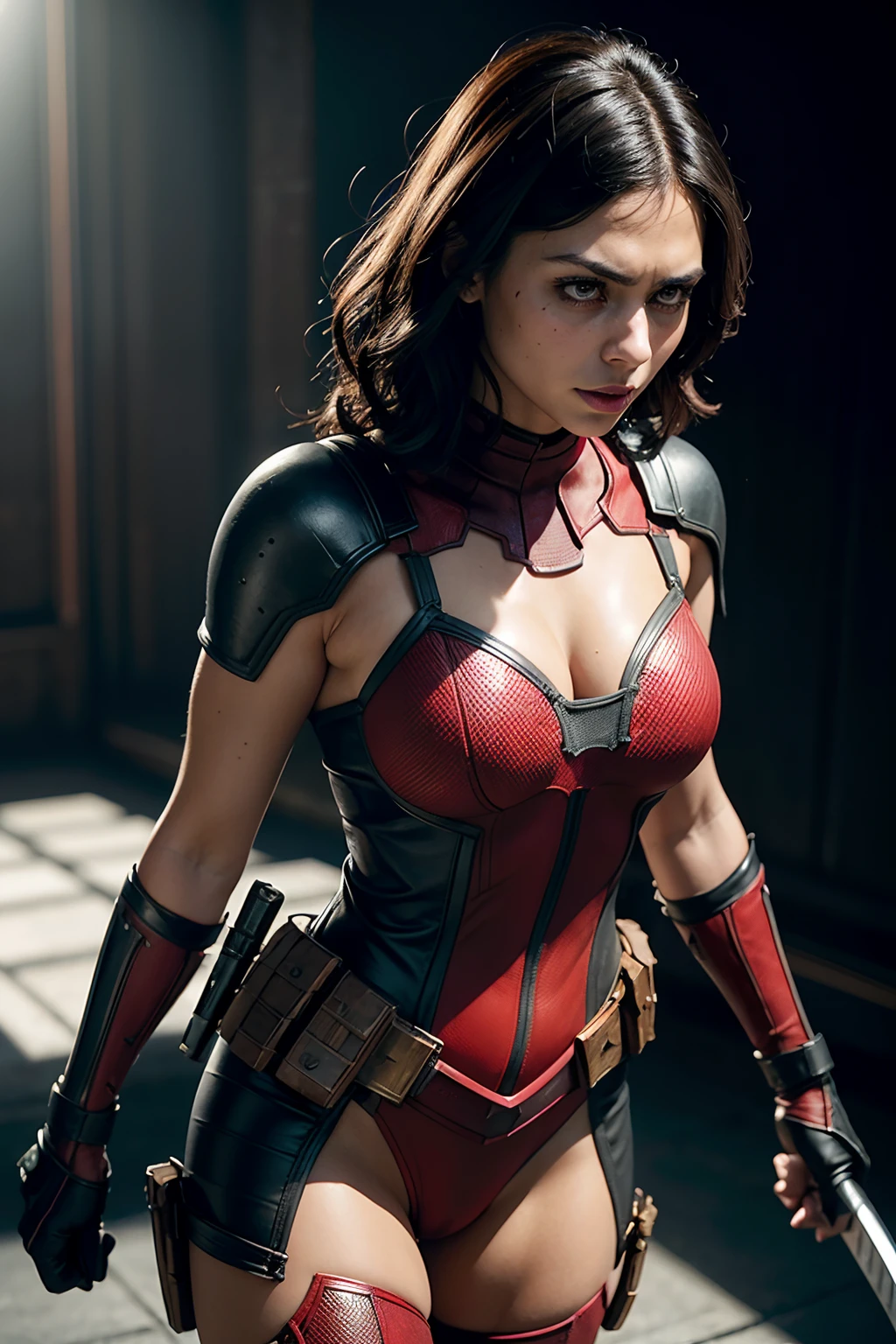 Morena Baccarin as Deadpool, in sexy Deadpool armor, armed with Katana blades, (dynamic pose), (hyper realistic:1.4), (realistic:1.3), (best quality real texture skin), full body, (Cinematic Light), highly detailed skin, skin pores, (highly detailed face:1.1), (highly detailed eyes:1.1), realistic pupils, (perfect anatomy:1.1), (perfect proportions:1.1), (photography:1.1), (photorealistic:1.1), volumetric lighting, dynamic lighting, real shadows, (highres:1.1), sharp focus, daylight, (realistic, hyperrealistic:1.4), intricate, high detail, dramatic, subsurface scattering, big depth of field, vivid, polished, sharpened, ((full Sharp)), (extremely absurdres),8k hdr