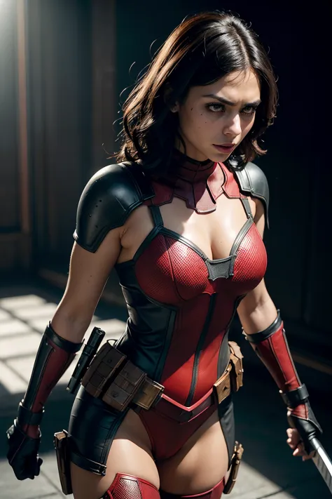 Morena Baccarin as Deadpool, in sexy Deadpool armor, armed with Katana blades, (dynamic pose), (hyper realistic:1.4), (realistic...
