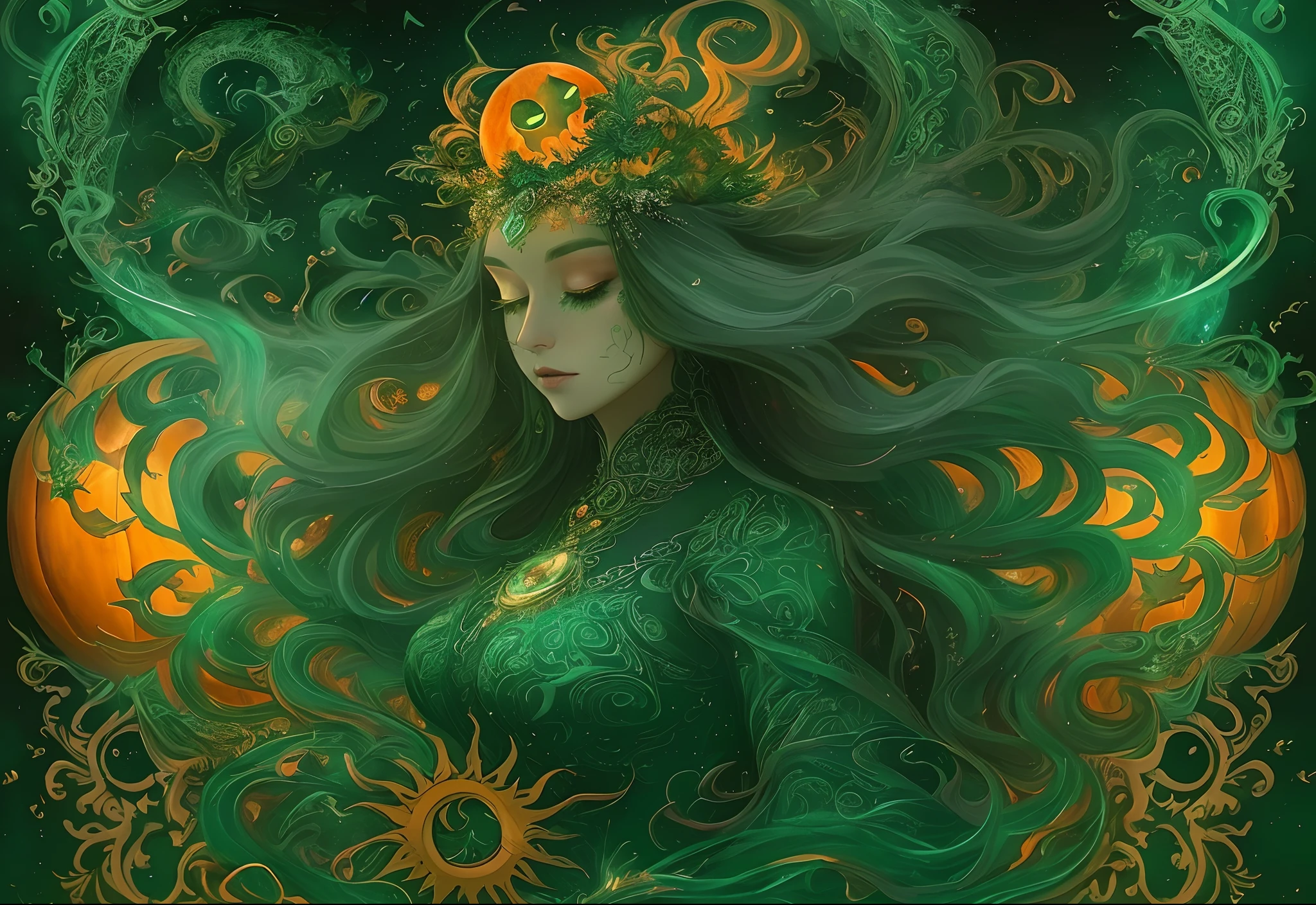 the horror of the sun and moon, Instagram, Pinterest, art station, ai art, digital paint, smoke, mist, vapor, wind, swirls, Emerald color, chaos, intricate details, intricate design, beautiful pose, a beautiful witch around her head of pumpkin background,