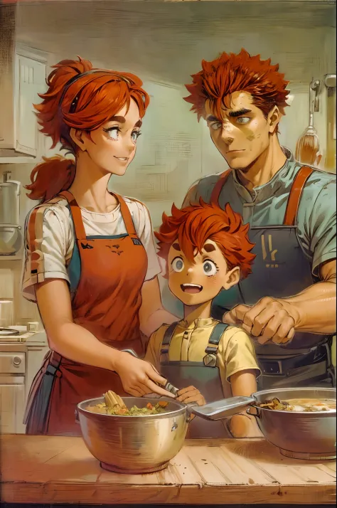 suletta, guts, couple, husband and wife, suletta motherly, house wife, cooking, mother and son, children , family, happy, red ha...