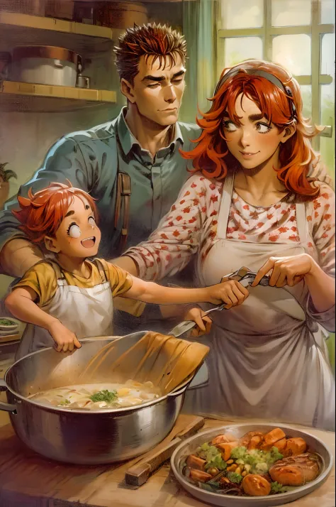 suletta, guts, couple, husband and wife, suletta motherly, house wife, cooking, mother and son, children , family, happy, red ha...