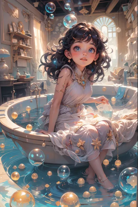 The cute girl  in the midst of a delightful bath, surrounded by an explosion of iridescent soap bubbles, Soft Lighting, accentua...