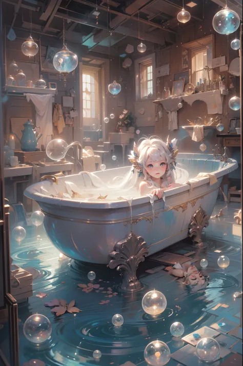 The cute girl  in the midst of a delightful bath, surrounded by an explosion of iridescent soap bubbles, Soft Lighting, accentua...