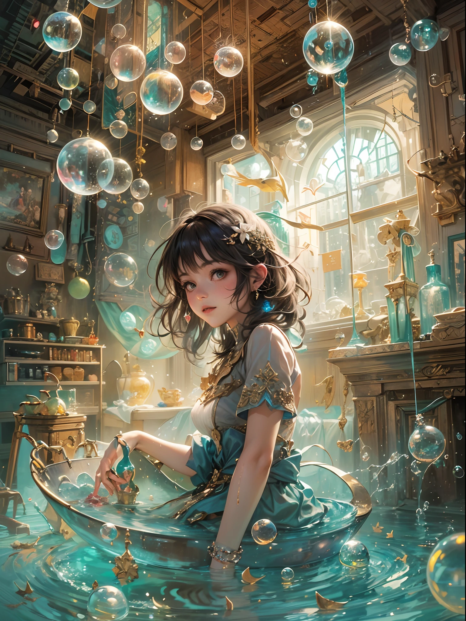 The cute girl  in the midst of a delightful bath, surrounded by an explosion of iridescent soap bubbles, Soft Lighting, accentuating the magical ambiance, sharp focus on the girl and the intricate details of the fairy house room, expression, reflecting the sheer joy and wonder of this magical experience, art by by Marc Simonetti & Yoji Shinkawa & WLOP, hyperdetailed artwork, creative, high_res