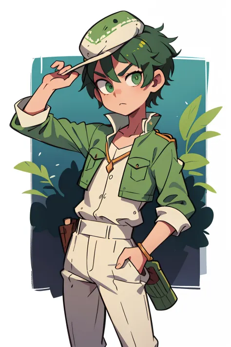 1guy, prince, green short hair, Green eyes, white left eye, scar on his left eye, official costume, hat on his head, pistol in h...