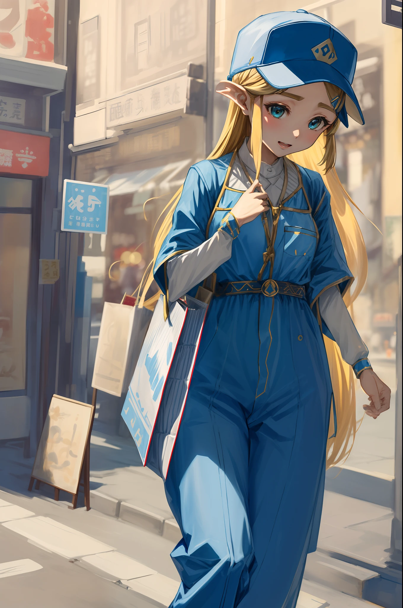 ​masterpiece, Best_quality, 1girl in, solo, Princess Zelda, nintendo, the legend of zelda, (Coveralls、shopping、Putting on a hat)、department store、In the street