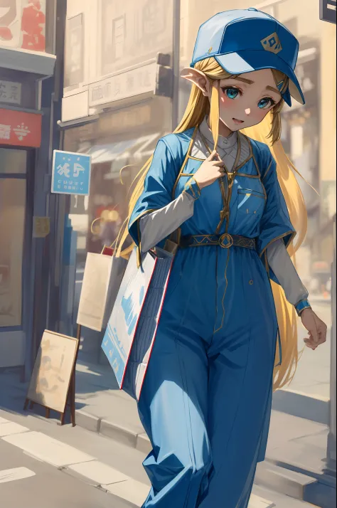 ​masterpiece, best_quality, 1girl in, 独奏, princess zelda, Nintendo, The Legend of Zelda, (Coveralls、shopping、Putting on a hat)、d...
