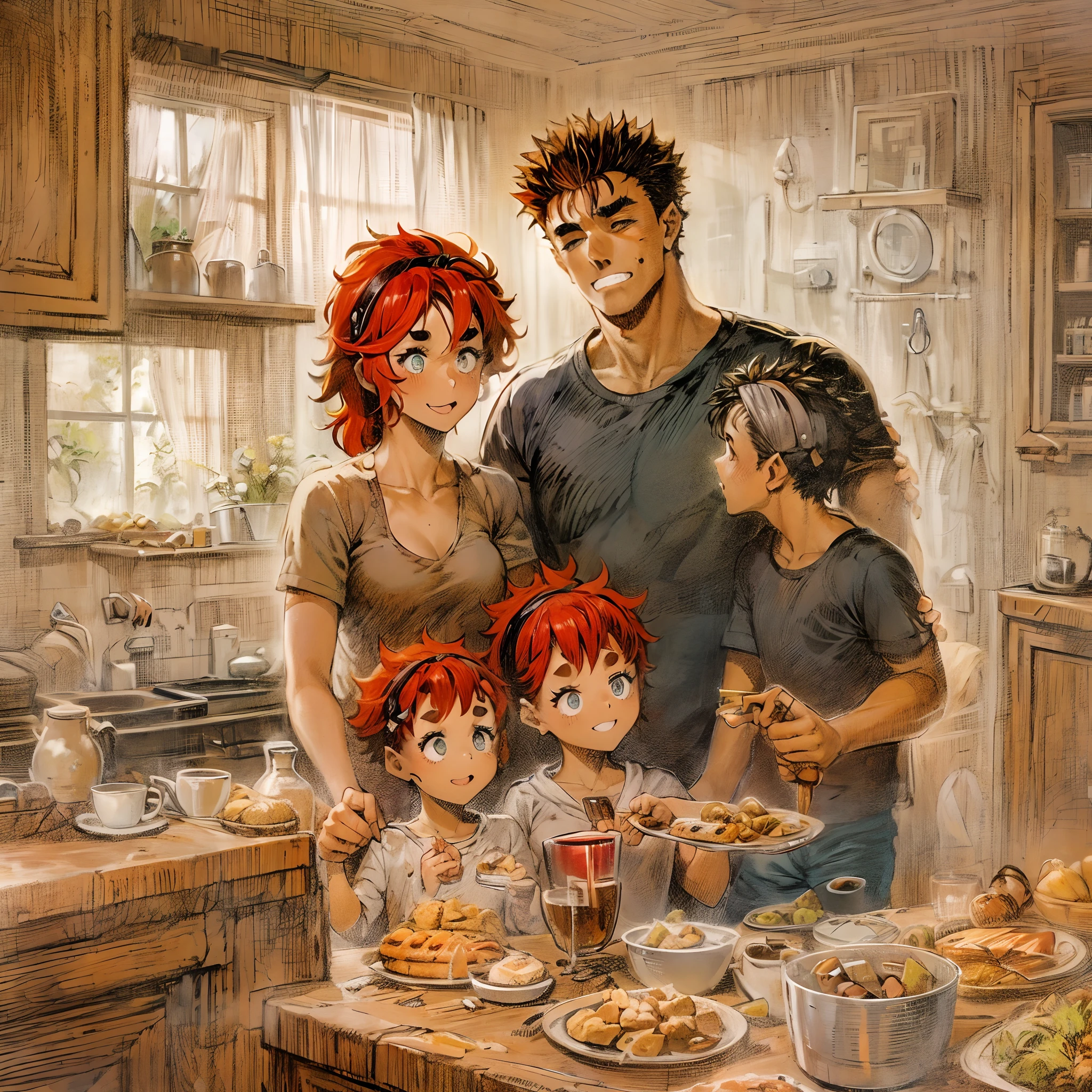 suletta, guts, couple, husband and wife, suletta motherly, house wife, mother and son, children , family, happy, red hair suletta,family breakfest, black hair guts