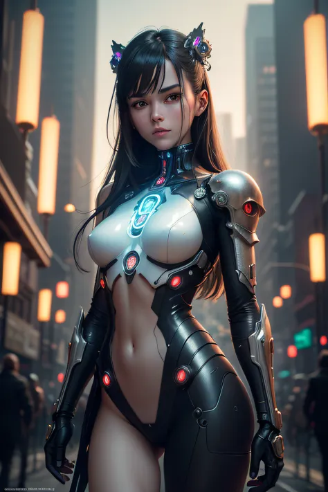 Top Quality, Masterpiece, Ultra High Resolution, ((Photorealistic: 1.4), Raw Photo, 1 cyberpunk Girl, cyborg girl, 1 Mechanical Girl, (Ultra Realistic Details)), mechanical limbs, tubes connected to the mechanical parts, mechanical vertebrae attached to th...