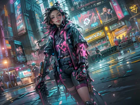 ((2 cyberpunk girls wearing colorful Harajuku style pop outfit)), ((((fisheye lens)))), cowboy shot, wind, messy hair, ((cyberpu...