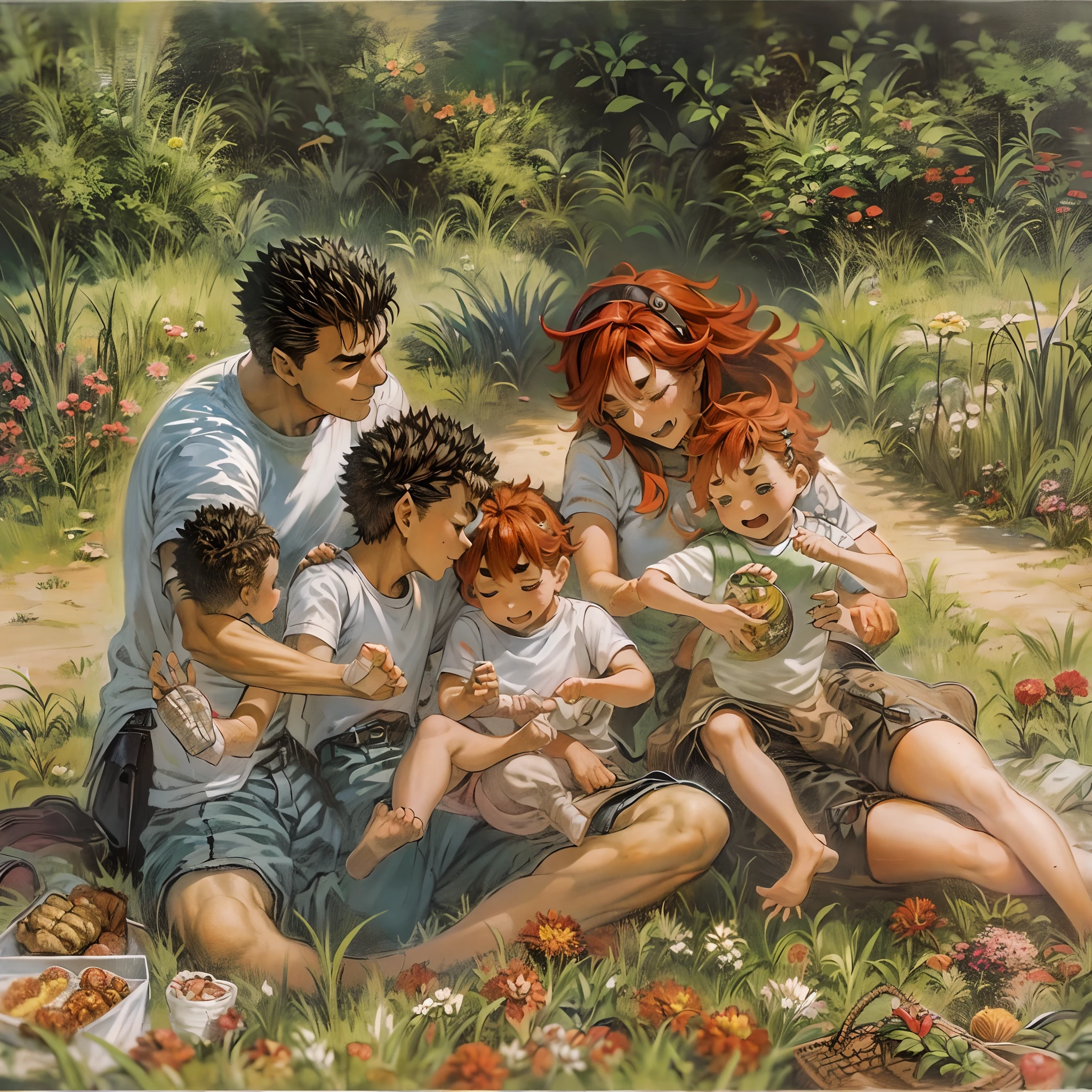 une chaussette, tripes, couple, husband and épouse, une chaussette motherly,  épouse, mère et fils, enfants , famille, heureux, red hair une chaussette, black hair tripes, jardin de pique-