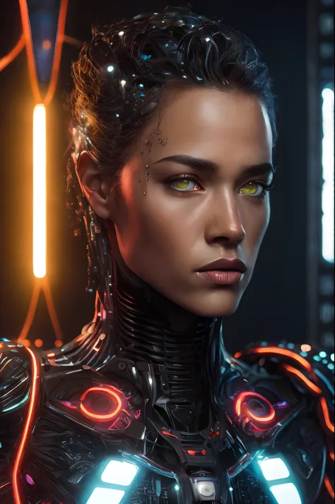 (best quality,highres,ultra-detailed:1.2),portrait,human,cyborg,dark background,strong jawline,intense gaze,metallic skin,tangled wires,glowing LED eyes,futuristic,technological,sci-fi elements,sharp contrast,neon colors,shadowy lighting,moody atmosphere,m...
