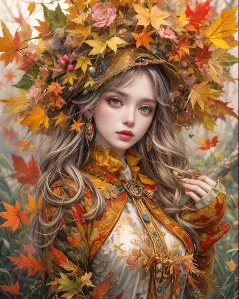 Best quality, Masterpiece, Meticulous details, intricately details, Mysterious autumn lady, colorful autumn