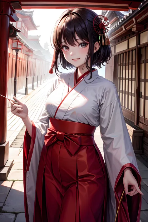 hight resolution, top-quality,  ultra-quality, The ultra-detailliert, lighting like a movie、Girl in Red Priestess Uniform、Short Hakama、Precincts of the shrine、A smile、Dead leaves flutter、A dark-haired、