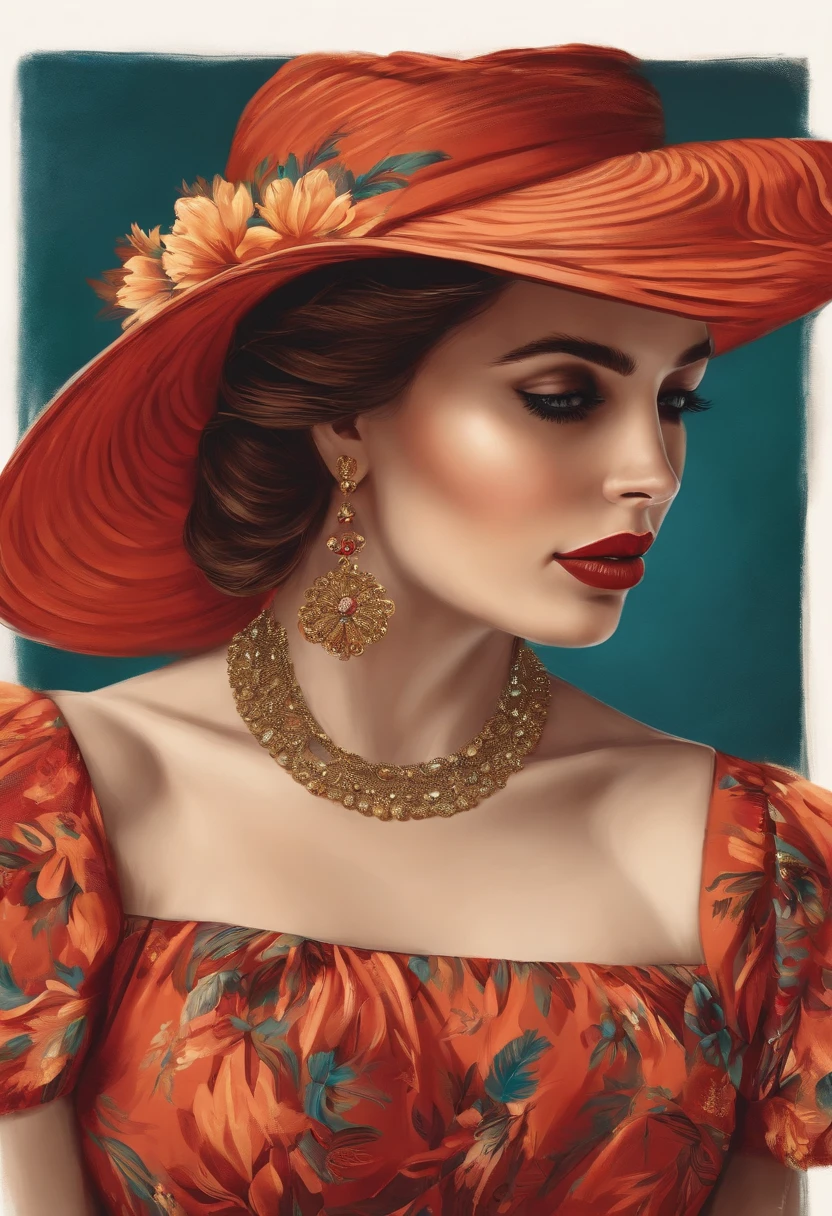 A painting of a woman wearing a large orange hat and a necklace - SeaArt AI