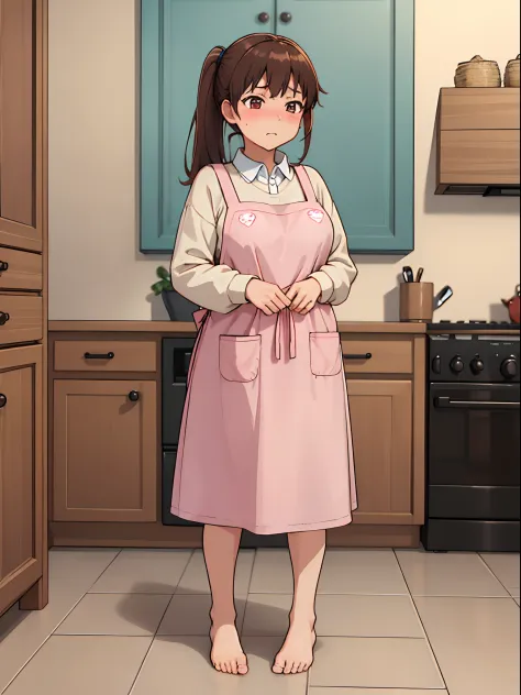 hiquality, tmasterpiece (one housewife). brown-hair. pony tail. brown eye. Embarrassed face. beige sweater. pink apron. bare footed. against the background of the kitchen.