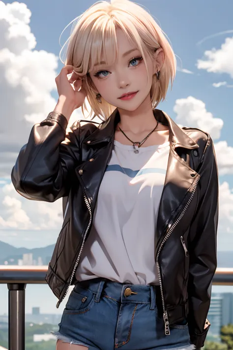 1girl in, solo, android 18, blonde hair, blue eyes, short hair, jewelry, earrings, smile, jacket, looking to the side, denim, de...