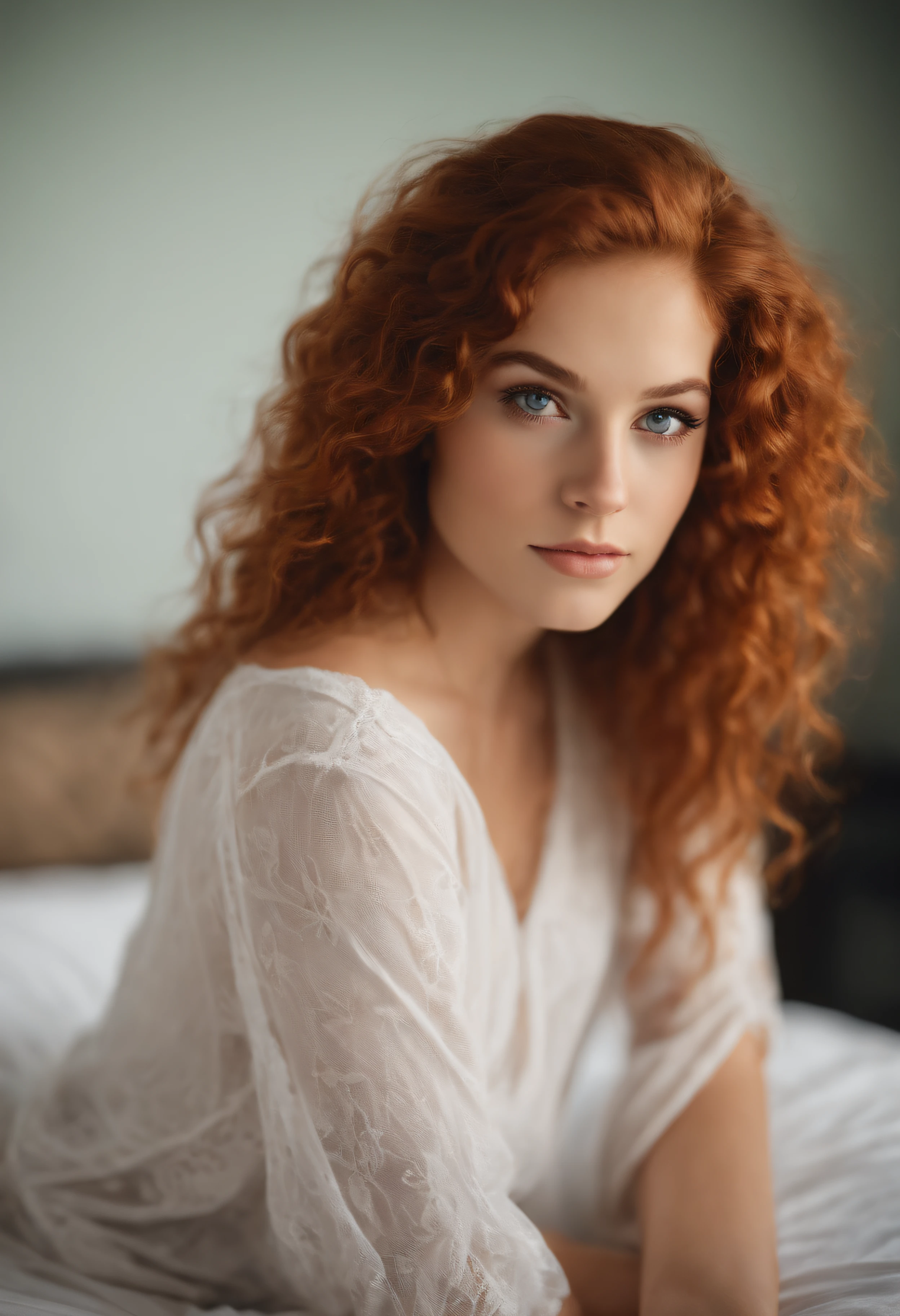 A close up of a woman with red hair sitting on a bed - SeaArt AI