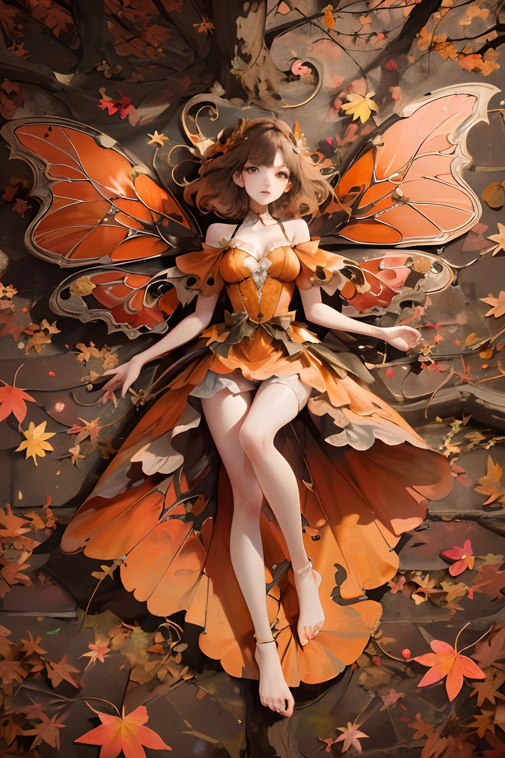 (Meisterwerk, beste Qualität, gute Qualität, highres, ultra-detailliert), Herbstlandschaft, fallende Blätter, warme Farbe. 1Mädchen mit orangen Schmetterlingsflügeln, Schön, hübsch,orange dress