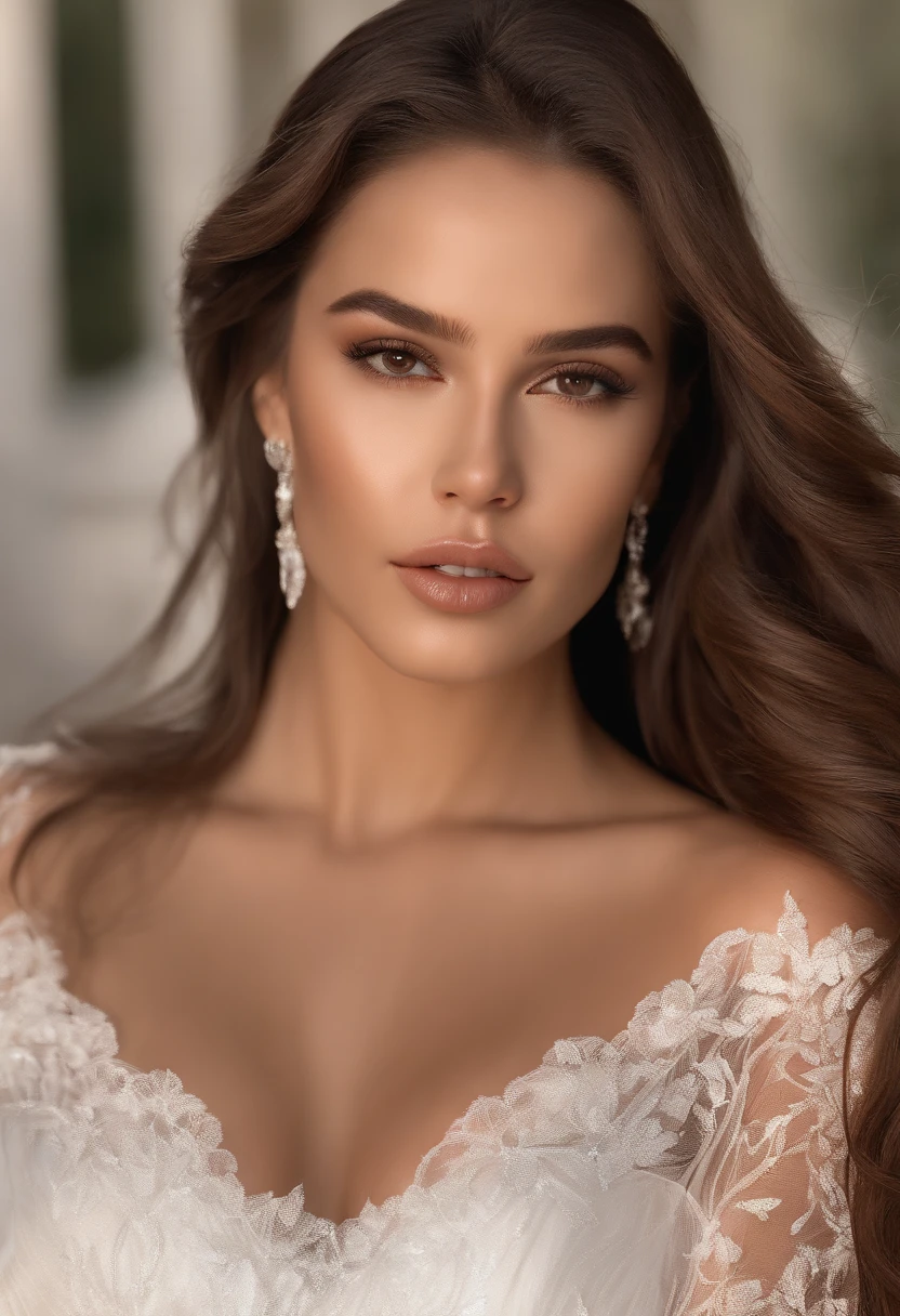 A woman in a white dress with long hair and earrings - SeaArt AI