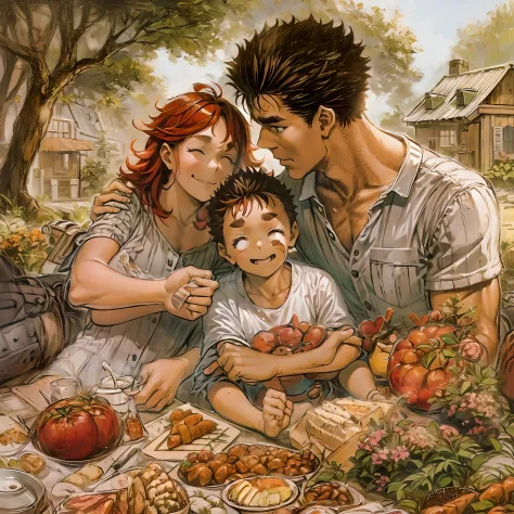 suletta, guts, couple, husband and wife, suletta motherly, wife, mother and son, children , family, happy, red hair suletta, bla...