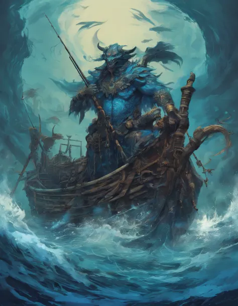 a fisherman in his blue sea, in the style of dark fantasy creatures, kushan empire, devilcore, intricate costumes, highly realistic, intel core, vibrant illustrations --ar 17:24 --s 750 --v 5.2