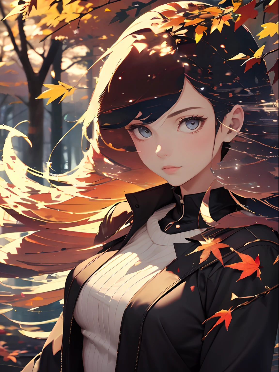 high quality, best quality, masterpiece, detailed portrait of female 1girl, long hair, autumn scenery, {{{best quality}}}, {{ultra-detailed}}, {illustration}, cinematic angle, {detailed light},cinematic lighting, dynamic pose