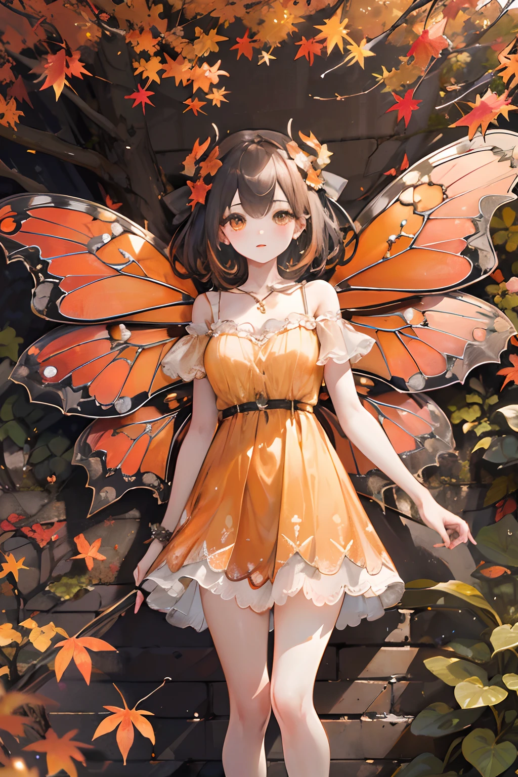 (obra de arte, melhor qualidade, alta qualidade, alta resolução, Ultra-detalhado), cenário de outono, Folhas que caem, cor quente. 1girl com asas de borboleta laranja, lindo, bonito,vestido laranja, de pé